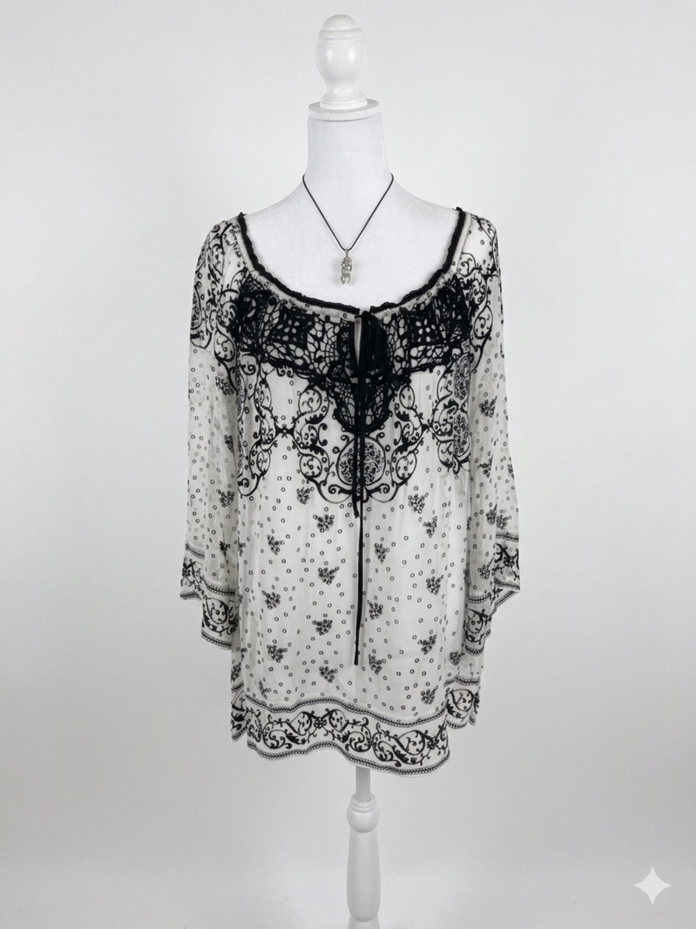 Hale Bob Black Lace Sheer Peasant Top & Necklace